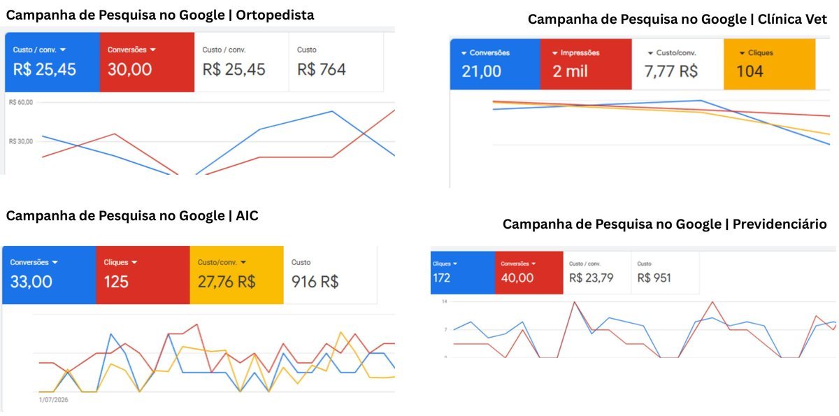 Resultados de campanha de pesquisa no Google — Ortopedista, Clínica Vet, AIC e Previdenciário